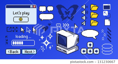 Retro pixel computer game with y2k style interface Retro pixel computer game with y2k style interface 131230667