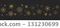 Gold snowflake border, winter holiday garland, falling golden snow and stars decoration isolated on dark background. Template with a Christmas elements 131230699