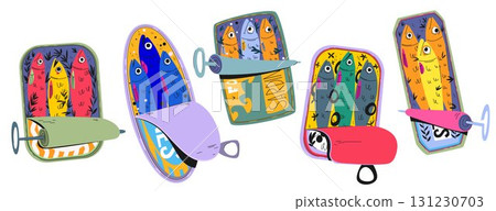Sardine can retro set with colorful fish tins Sardine can retro set with colorful fish tins 131230703
