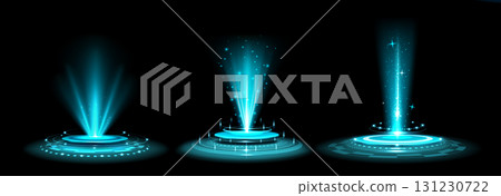 Futuristic AI portal with blue energy beams 131230722