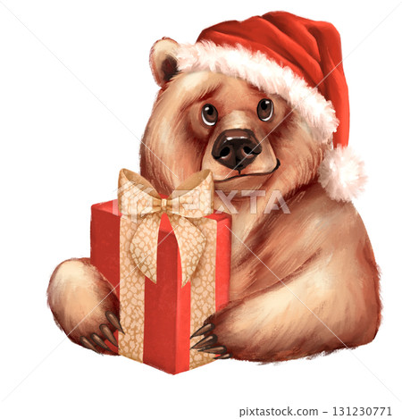 Hand-drawn illustration of a cute bear in a Santa hat holding a decorated gift box. Design for Christmas cards or holiday projects 131230771