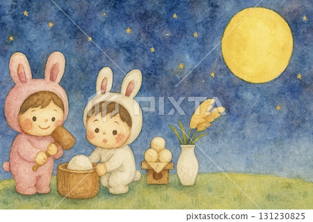 孩子們穿著可愛的水彩兔子服裝包月餃子的插圖 131230825