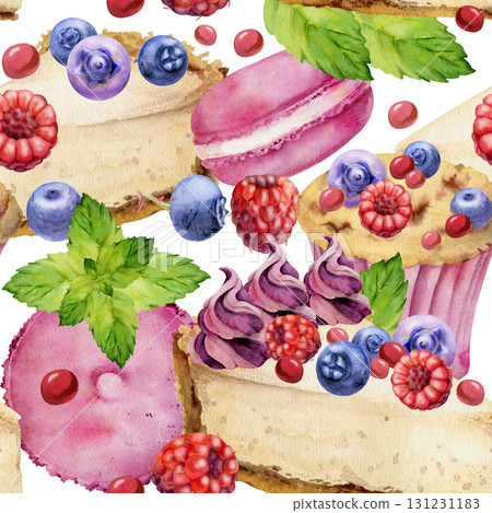 Berry cheesecake slice with merengue swirl, souffle sandwich cake, mint leaves on macaron hand painted in watercolor. Seamless pattern for baking visuals, digital art, product labels, recipe layouts. 131231183