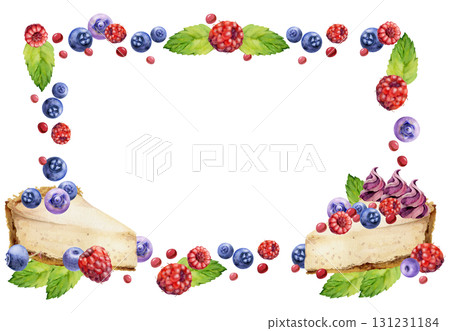 Plump berries topping cheesecake with mint leaves, blueberry raspberry scattered in corner frame. Isolated hand painted illustration. Event menus, recipe visuals, wrapping paper, editorial spreads. 131231184