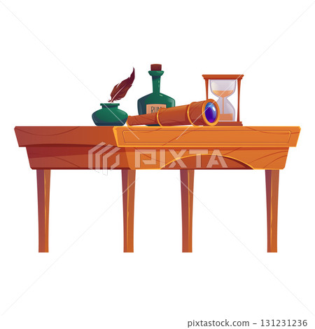 Pirate ship cabin furniture, antique captain table, rum bottle, spyglass, sandglass and ink jar with feather flat vector Pirate ship cabin furniture, antique captain table, rum bottle, spyglass, sandglass and ink jar with feather flat vector 131231236