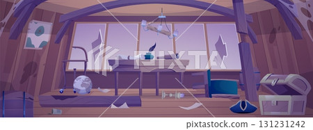 Destroyed and abandoned pirate captain ship cabin, broken wooden room interior in cobweb, empty chest cartoon vector 131231242