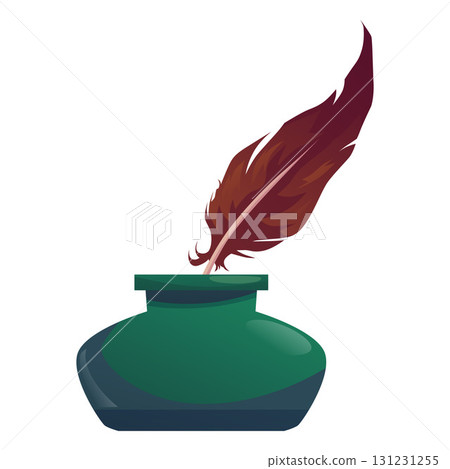 Vintage quill feather ink writing pen and inkwell flat vector icon, cartoon antique green jar with feather isolated 131231255