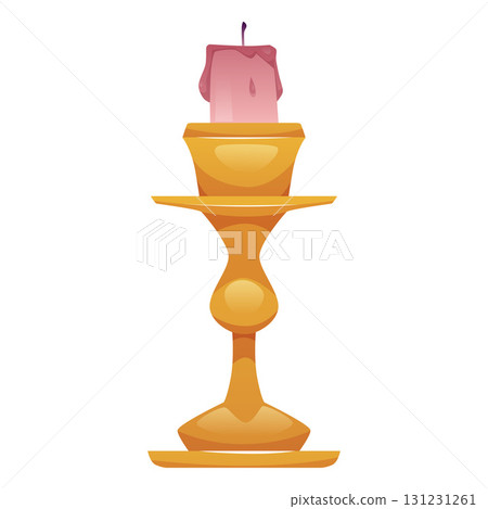 Candle on a vintage golden stand vector flat illustration, cartoon paraffin candle with dripping or flowing wax isolated 131231261