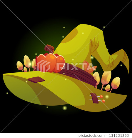 Magic green witch hat with needles, pumpkins, mushrooms, glowing particles. 131231263