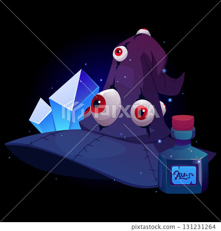 Magic witch hat with crystal gemstones and ink bottle, vector cartoon wizard spooky hat decorated with eyes, Halloween 131231264