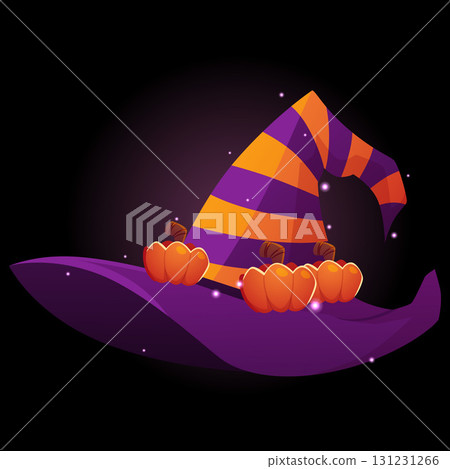 Magic witch hat, vector cartoon wizard spooky hat decorated pumpkins, Halloween mystical costume on dark with sparkle 131231266