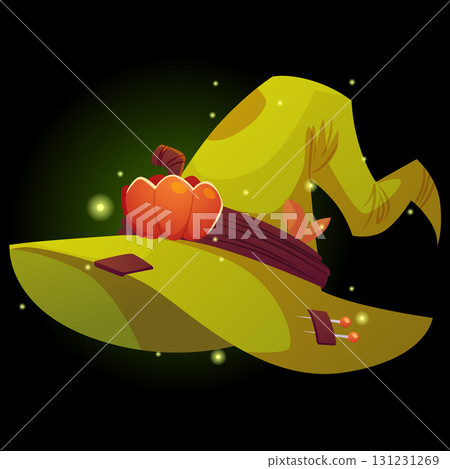 Magic witch hat, vector cartoon wizard spooky hat decorated with pumpkin and needles, Halloween party mystical costume 131231269