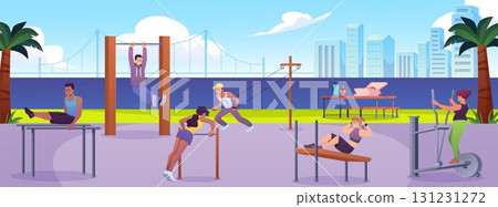 Young people training on street workout area vector flat illustration, fitness and strength exercise, sports equipment 131231272