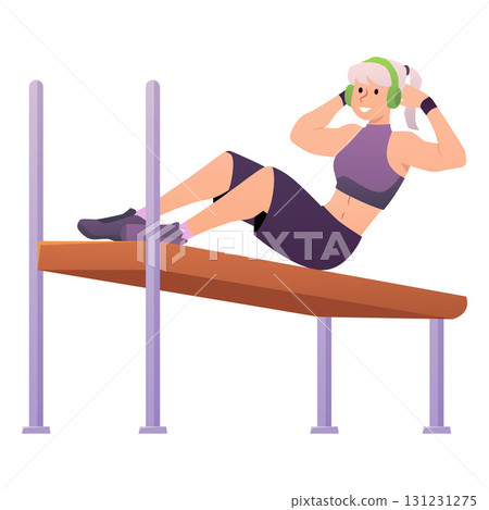 Athlete woman with headphones in sportswear does abdominal exercises, vector sportswoman training, street or gym workout 131231275