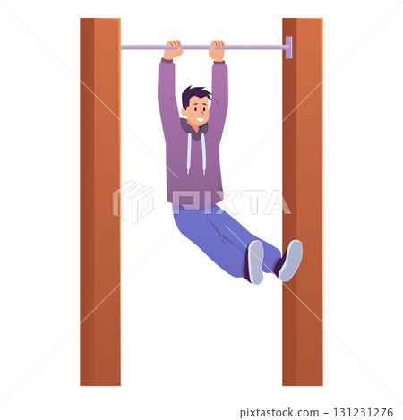 Athlete in sportswear does pull up exercise on sport ground, vector sportsman hanging on horizontal bar, street workout 131231276