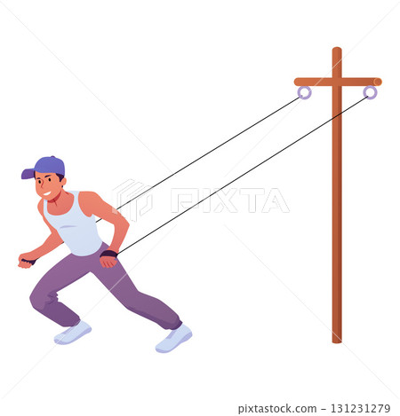 Athlete in sportswear does pull the weight exercise, vector cartoon sportsman character training strength with equipment 131231279
