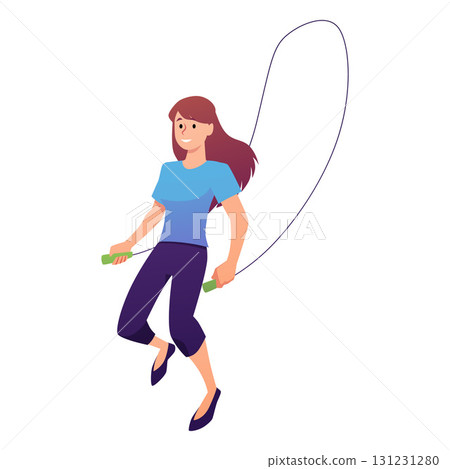 Woman jumping with skipping rope, vector flat cardio training, fitness exercise with sport equipment, street workout 131231280