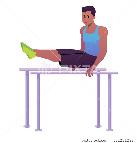 Athlete in sportswear does pull up exercise, vector flat sportsman doing handstand on horizontal bar in street workout 131231282
