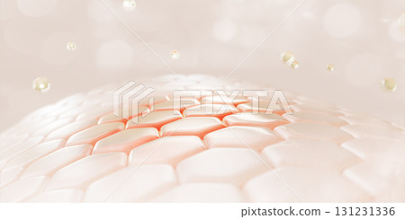3d dry skin with red spot and gold liquid bubbles. Treatment damage skin of acne, psoriasis, eczema or dermatitis. Hexagon cell pattern with gel cream drops. Moisture face and body. 3D illustration 131231336