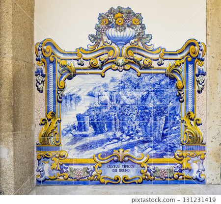 Blue azulejos with motifs from Douro Valley, train station of Pinhao, Portugal Blue azulejos with motifs from Douro Valley, train station of Pinhao, Portugal 131231419