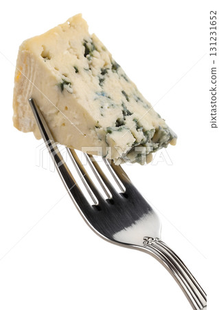 Fork with wedge of danish danablu cheese, crumbly blue veined cheese isolated on transparent background 131231652