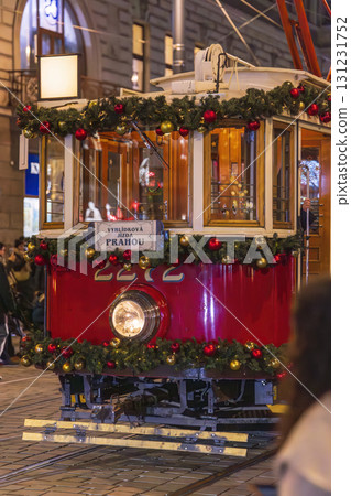 Vintage Christmas decorated tram in Prague city streets 131231752