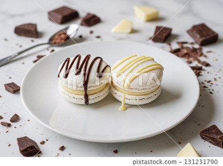 馬卡龍佐黑巧克力白巧克力甘納許 馬卡龍佐黑巧克力白巧克力甘納許 131231790