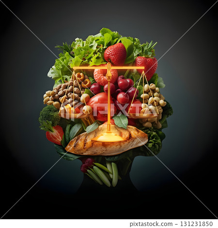 Weight loss food concept as a dieting idea with a surreal human head silhouette filled with leafy greens, berries, legumes, and fish forming a glowing balance scale, cinematic mood lighting 131231850