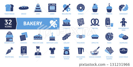 Bakery and Pastry Flat Icons: A Collection of Sweet and Savory Delights. The clean, minimalist design is ideal for a fresh and contemporary look. 131231966