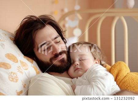 A father and his baby peacefully sleep together in bed, sharing a tender moment of rest A father and his baby peacefully sleep together in bed, sharing a tender moment of rest 131232092