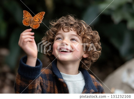 A cheerful boy with curly hair smiles, holding a beautiful orange butterfly near his face 131232108