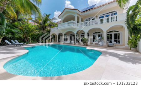 Luxurious villa with a swimming pool, palm trees, and beautiful architecture. Tropical destination with sunny weather, relaxation, and resort amenities. Enjoy the tranquility and elegance 131232128