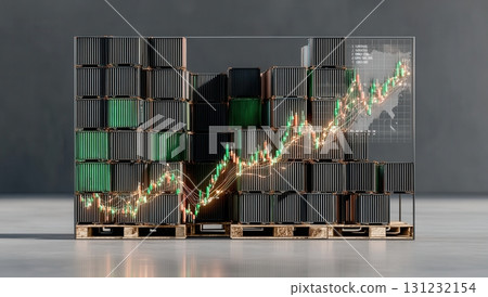 Global trade and market fluctuations are visualized with shipping containers and a dynamic stock chart, representing economic interdependence 131232154