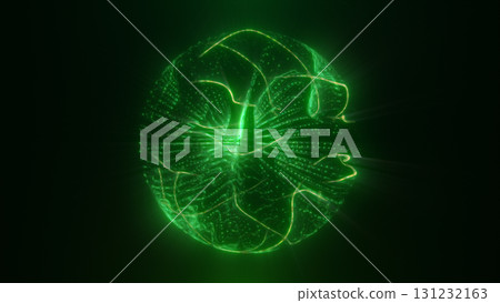 Abstract glowing green sphere with radiant electric streaks and digital particles swirling in a dark green space 131232163