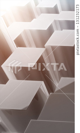 Minimalist 3D geometric composition of elevated white square platforms with soft light and shadows 131232173