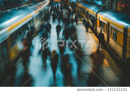 Blurred motion of commuters on busy train platform with trains on both sides 131232220