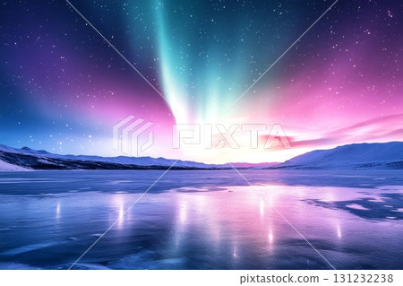 Colorful northern lights dance above frozen lake, reflecting on icy surface 131232238