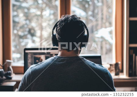 Rear view of man wearing headphones and working on computer, with snowy forest visible through window Rear view of man wearing headphones and working on computer, with snowy forest visible through window 131232255