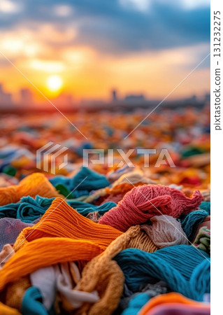 Vibrant sunset hues illuminate a massive pile of colorful, textured fabrics, creating a captivating scene of sunset textiles Vibrant sunset hues illuminate a massive pile of colorful, textured fabrics, creating a captivating scene of sunset textiles 131232275