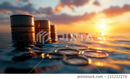 Oil barrels float in the ocean at sunset, depicting environmental pollution and the impact of oil spills on marine life Oil barrels float in the ocean at sunset, depicting environmental pollution and the impact of oil spills on marine life 131232279