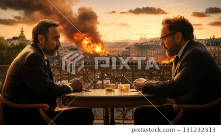 Two men in suits converse at a table overlooking a burning city, a dramatic scene of chaos and destruction unfolding before them 131232313