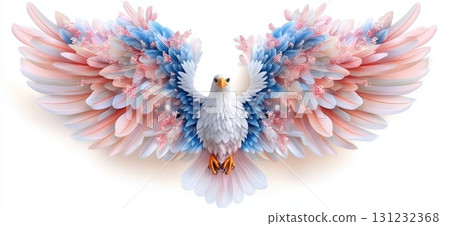 A majestic white eagle with pastel pink and blue floral wings soars gracefully against a white background 131232368