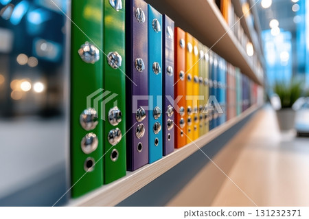 Colorful binders neatly organized on a shelf, showcasing vibrant hues and metallic accents 131232371
