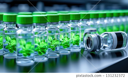 Green plants in glass vials and a vaccine vial - a concept of pharmaceutical research and plant-based medicine development 131232372