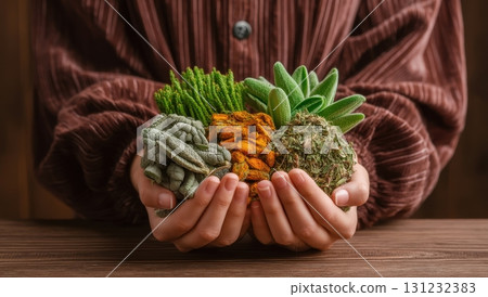 A person gently holds a collection of dried herbs and plants, showcasing their natural beauty and potential medicinal uses A person gently holds a collection of dried herbs and plants, showcasing their natural beauty and potential medicinal uses 131232383