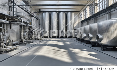 A modern winery's stainless steel fermentation tanks and processing equipment fill a large industrial space 131232386