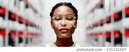 A young Black woman with clear glasses looks directly at the camera, exuding confidence and professionalism in a blurred technological setting 131232387