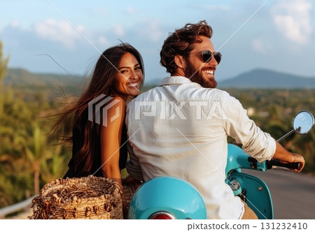 Happy couple enjoys a scenic scooter ride, embracing the journey and freedom of the open road 131232410