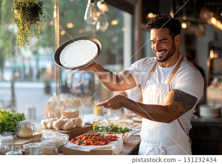A cheerful chef prepares a delicious cheese pizza, showcasing culinary expertise and passion in a vibrant restaurant kitchen A cheerful chef prepares a delicious cheese pizza, showcasing culinary expertise and passion in a vibrant restaurant kitchen 131232434