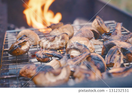 fried mushrooms and champignons in close-up on a barbecue grill. fried mushrooms and champignons in close-up on a barbecue grill. 131232531